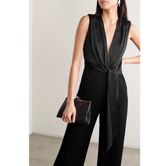 Jonathan Simkhai Tie Front Satin Wrap Jumpsuit Sleeveless V-Neck Black Size 4 - Picture 2 of 12